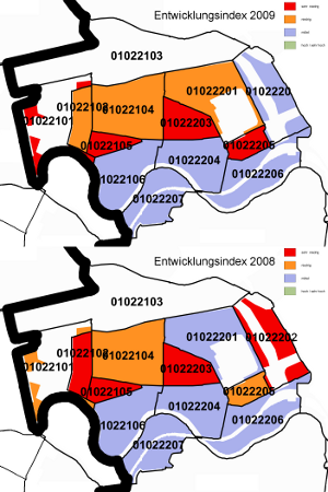 Entwicklungsindex für 2009 (oben) und 2008 (unten) in Moabit